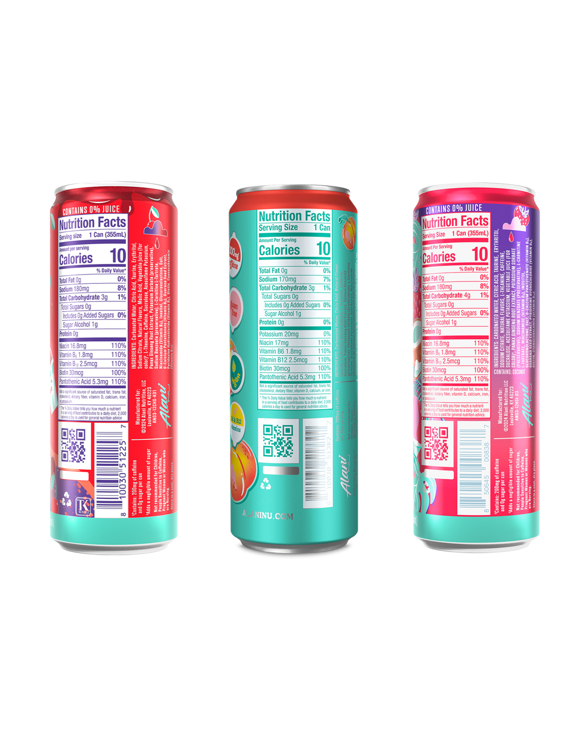 The back views of Alani’s 10-calorie Cherry Slush, Juicy Peach, and Hawaiian Shaved Ice Energy, highlighting each can&#39;s nutrition facts and ingredients. 