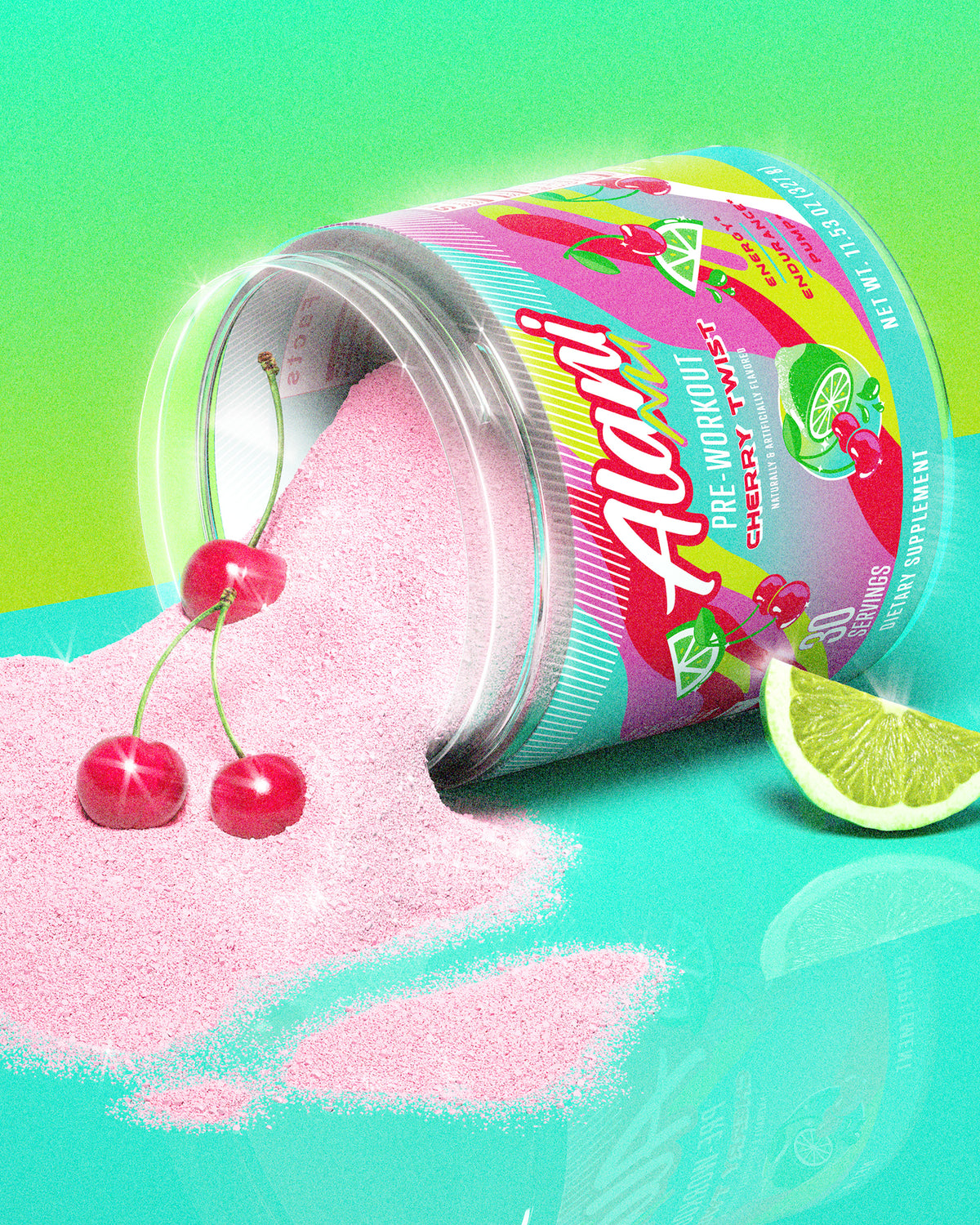 A lime wedge and an open tub of Alani Nu Cherry Twist Pre-Workout, spilling bright cherries and the supplement’s pink powder onto table. 
