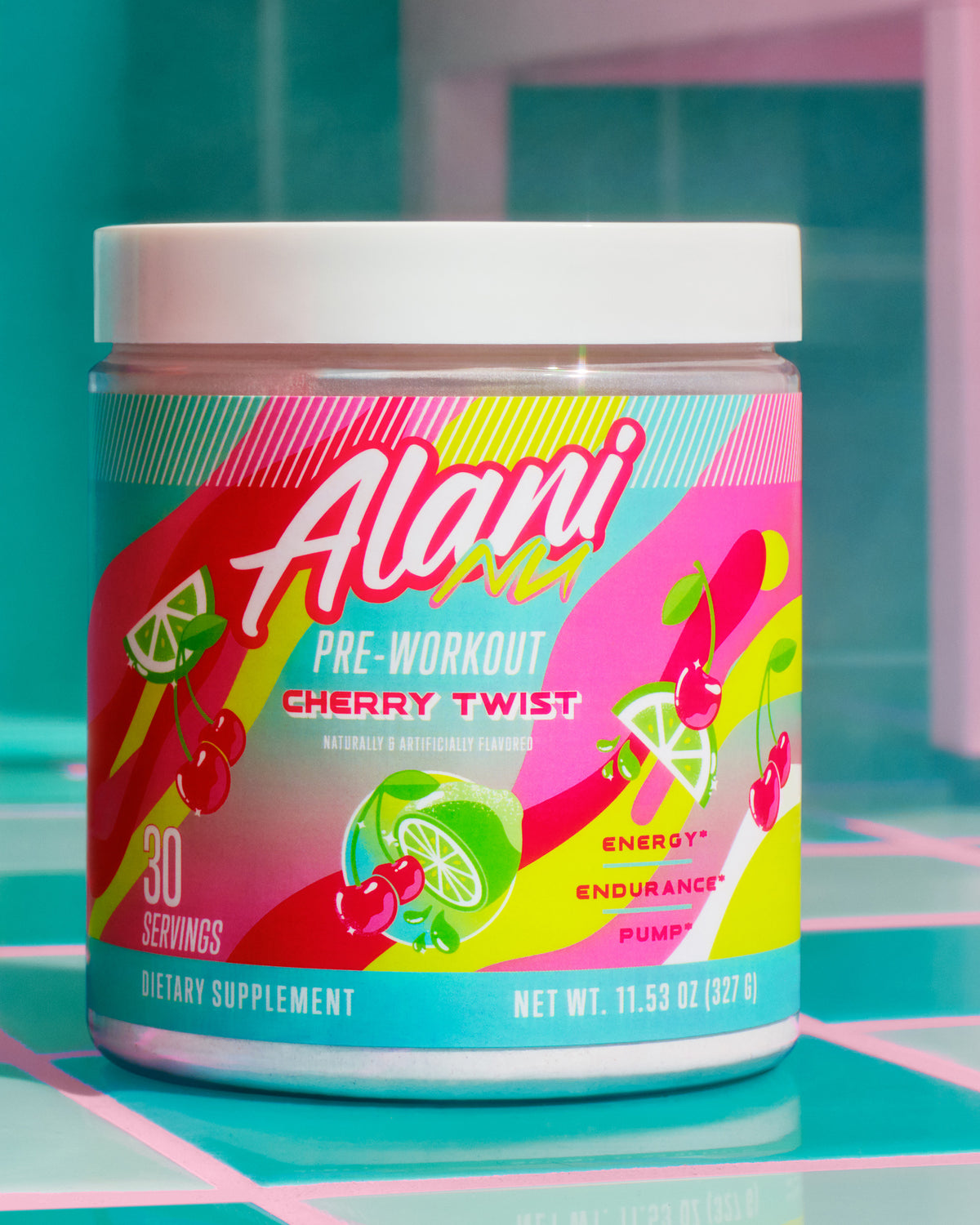 A tub of low-calorie Cherry Twist Pre-Workout placed on the tiled floor of a retro, eighties-inspired locker room. 