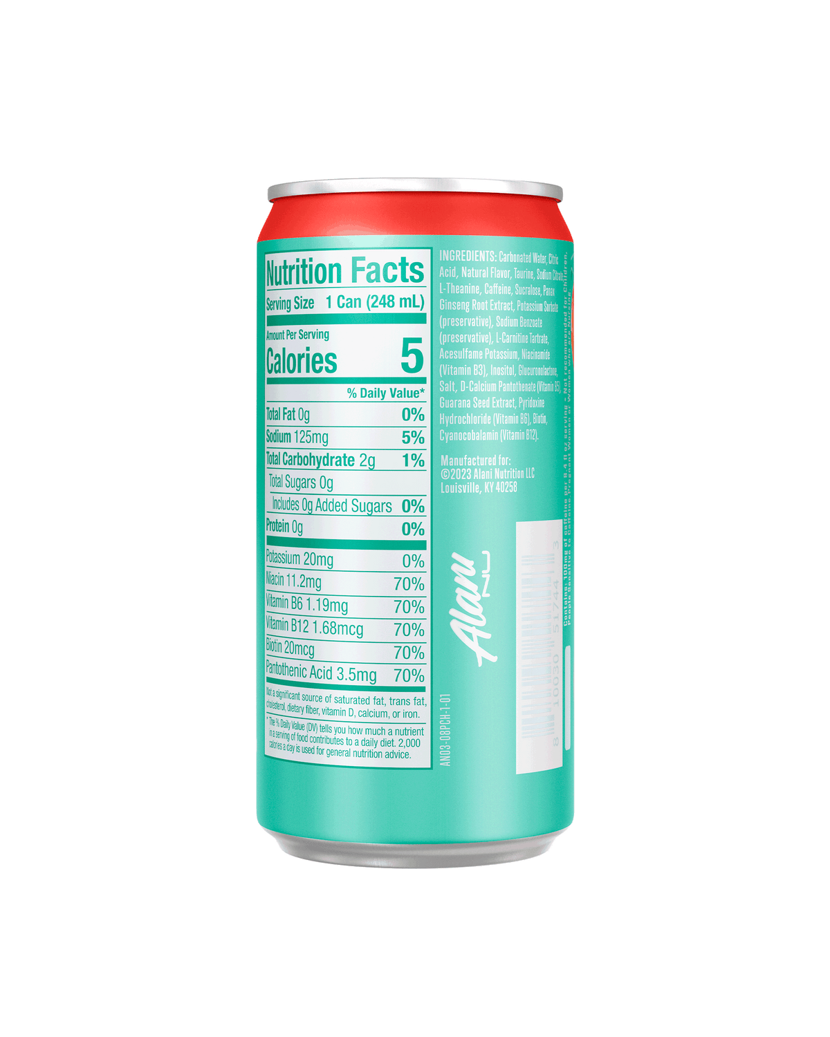 A back view of Mini Energy in Juicy Peach flavor highlighting nutrition facts details. 
