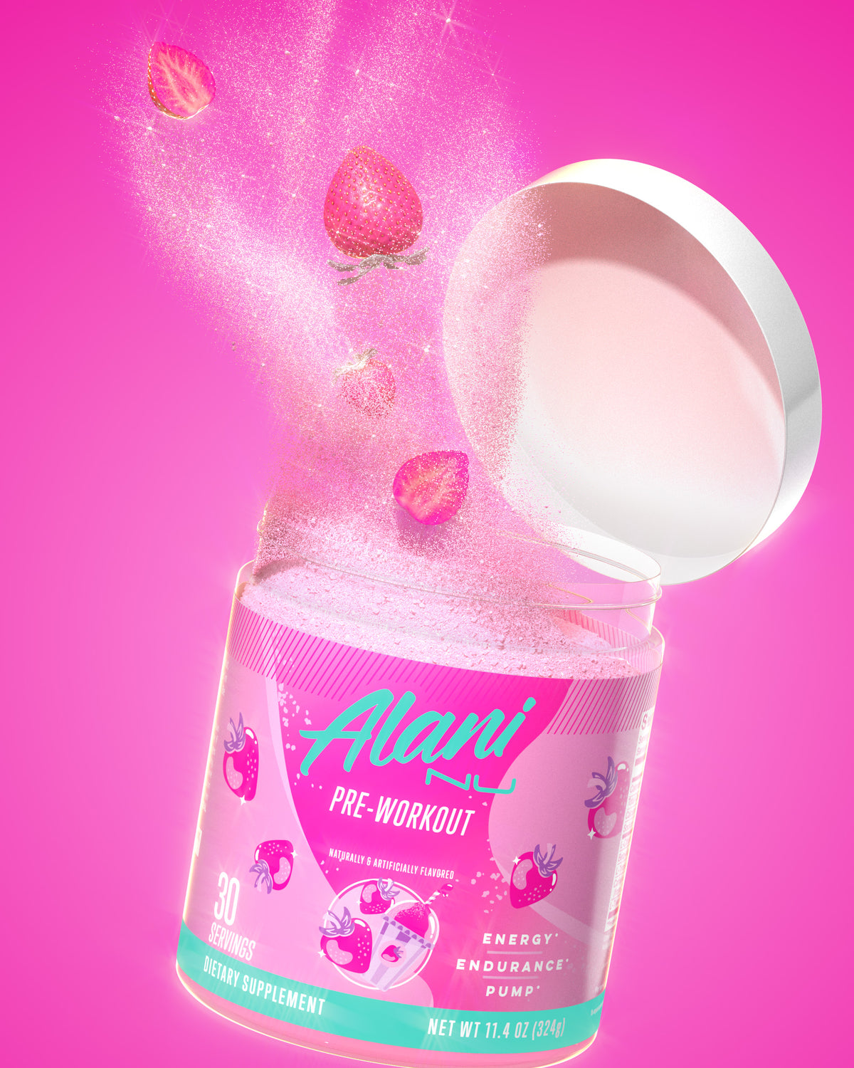 A tub of Alani Nu Pink Slush Pre-Workout atop a pearl white pedestal 	surrounded by pink peony blooms, strawberries, and diamonds. 