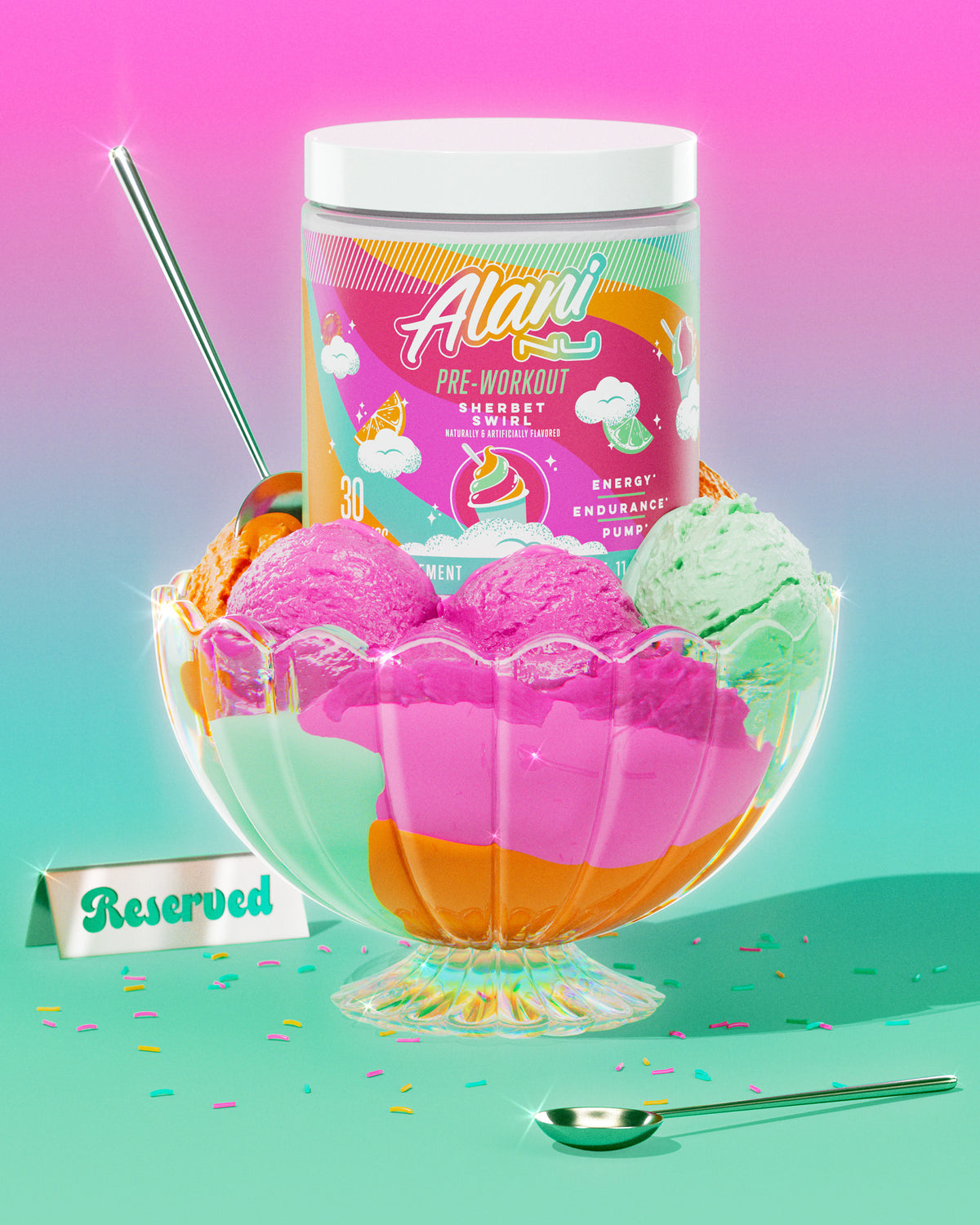 Alani&#39;s new Sherbet Swirl Pre-Workout shown in a dreamy cloudscape featuring a rainbow and a pool of water with floating raspberries. 

 
