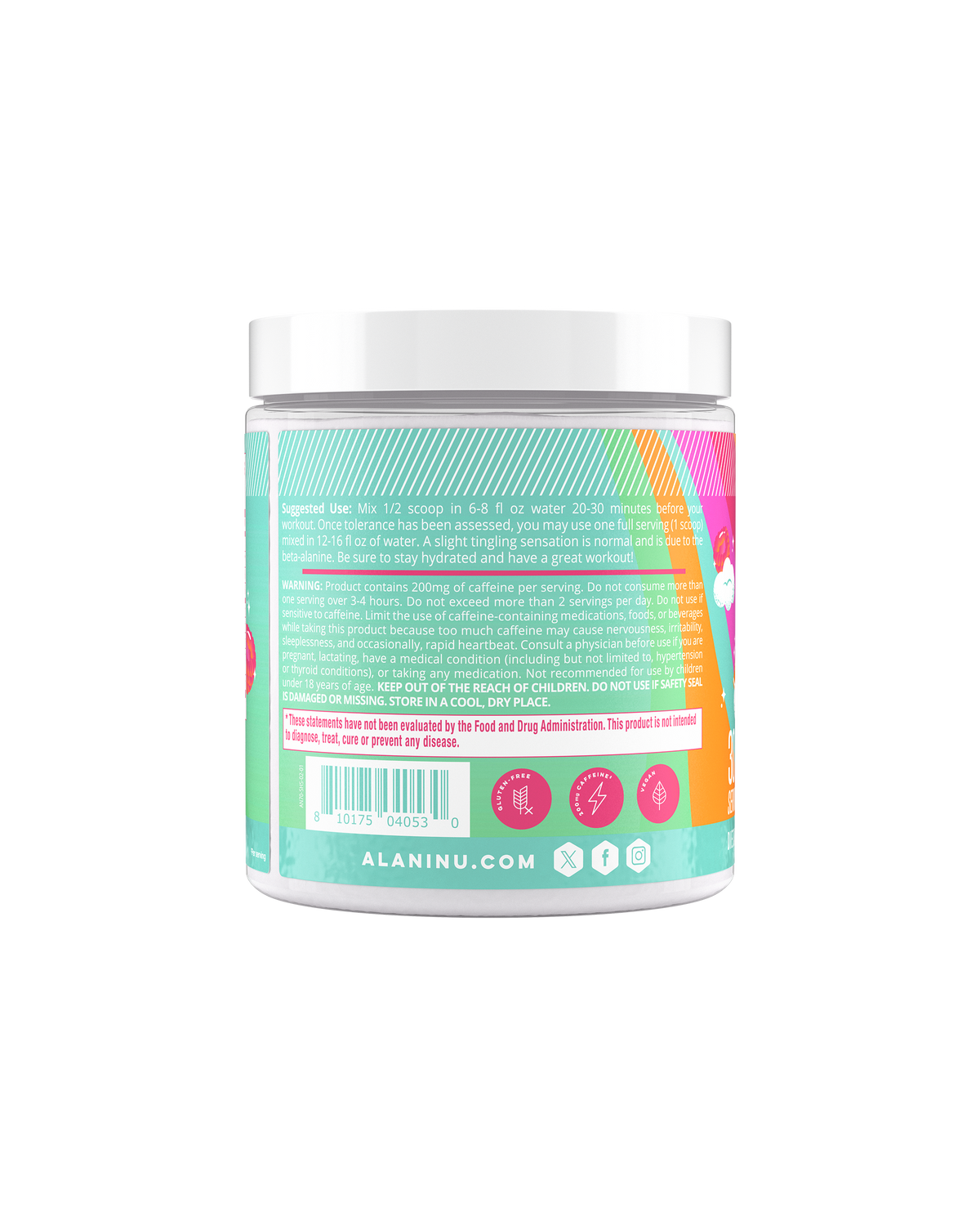 The side view of a Sherbet Swirl Pre-Workout tub, gluten-free, vegan, and made with 200mg of caffeine. Suggested-use directions shown. 